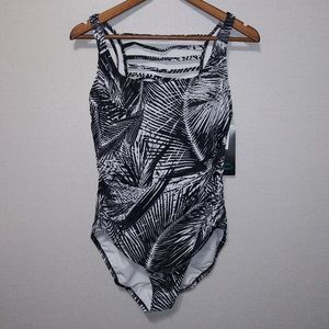 One Piece Swimsuit Black White Palm Print